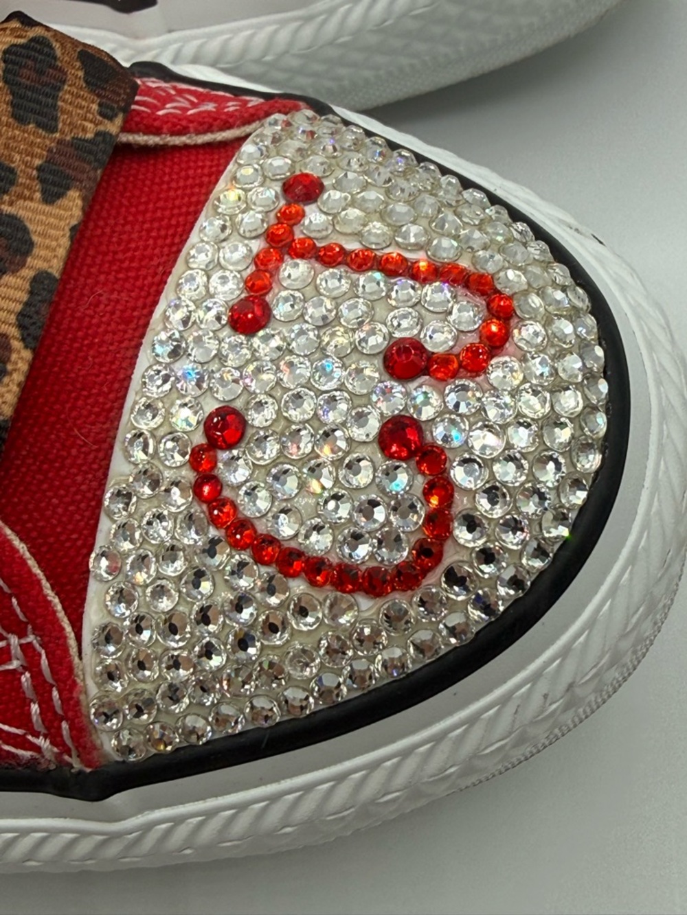 Custom Red Converse Sneakers w/ Leopard Laces & Rhinestone Low Top Chuck Taylors - Picture 15 of 16